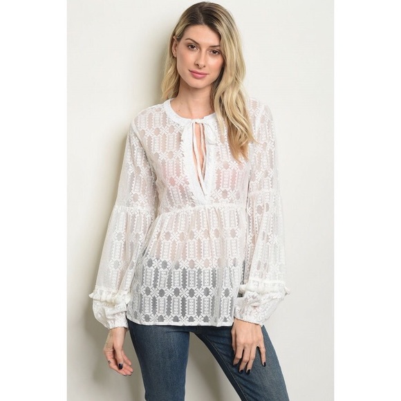 FLASH SALE !  Off White Tie Neck Boho Blouse - Picture 2 of 16